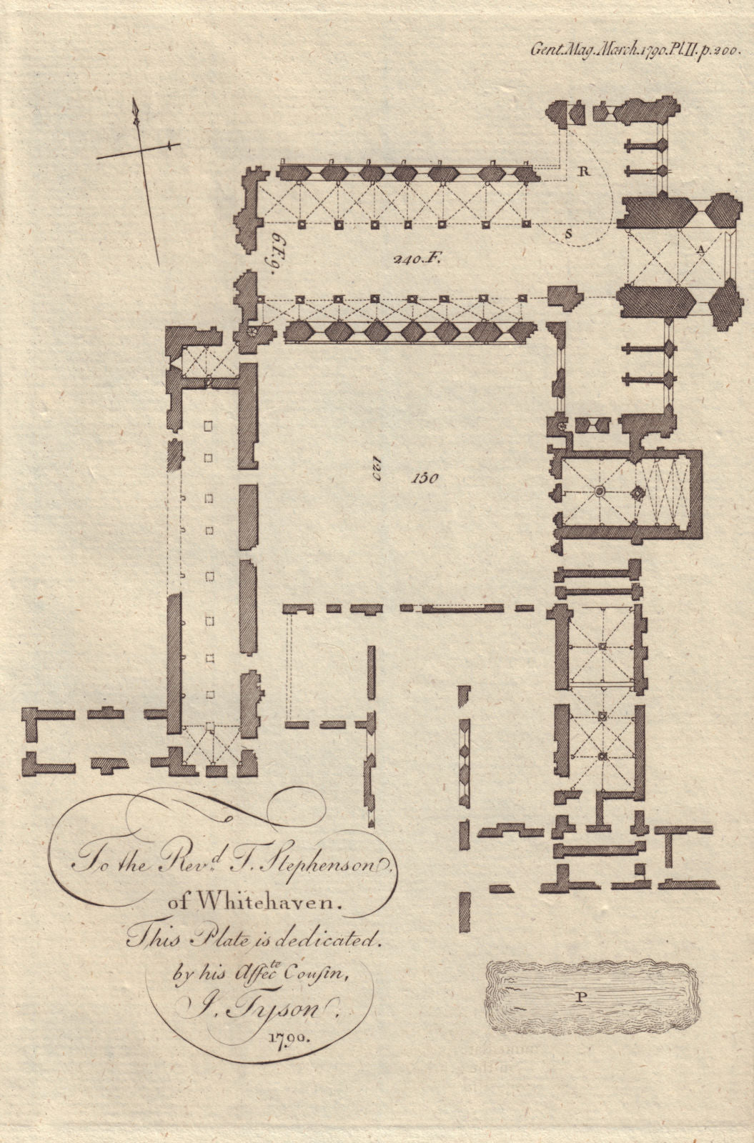 Ground Plan of Kirkstall Abbey, Yorkshire. GENTS MAG 1790 old antique print
